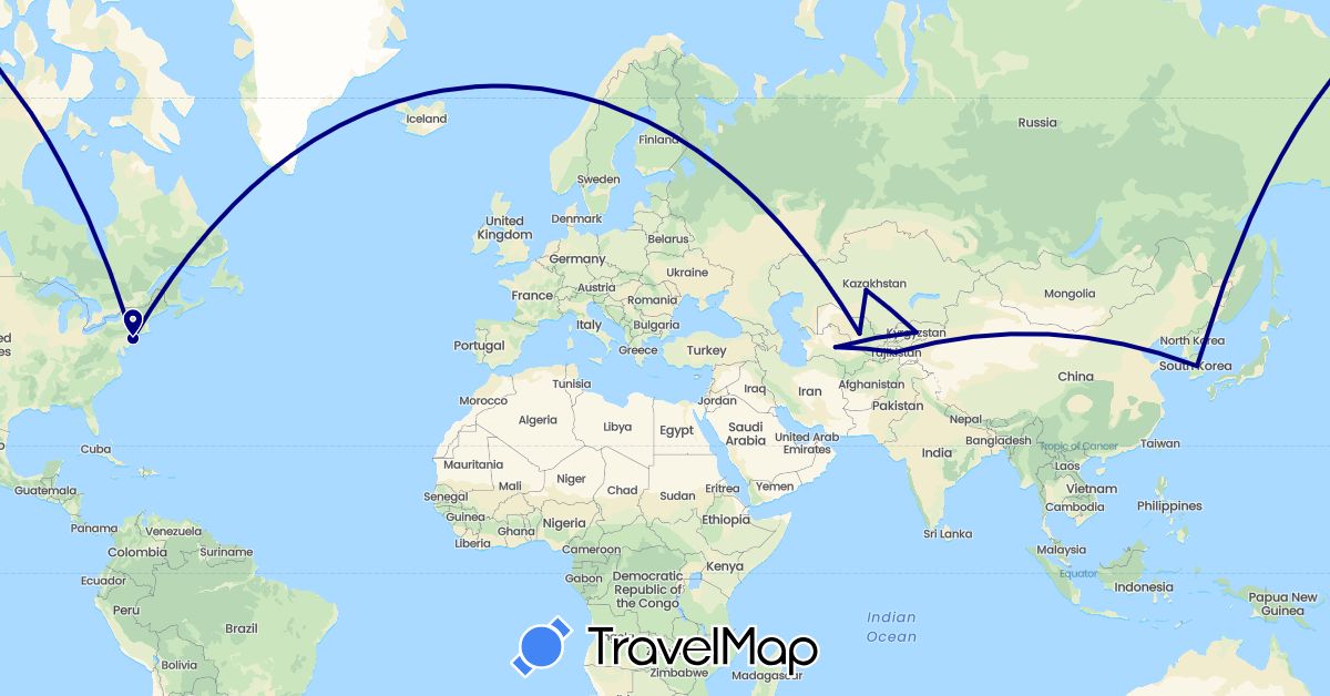 TravelMap itinerary: driving in Kyrgyzstan, South Korea, Kazakhstan, Tajikistan, Turkmenistan, United States, Uzbekistan (Asia, North America)